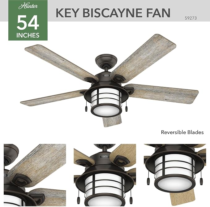 Hunter Key Biscayne, Outdoor or Indoor, Ceiling Fan, 54 inch, Onyx Bengal | with LED Light, Rustic, Standard Mount, Pull Chain, For Bedroom, Living Room, Patio, 59273