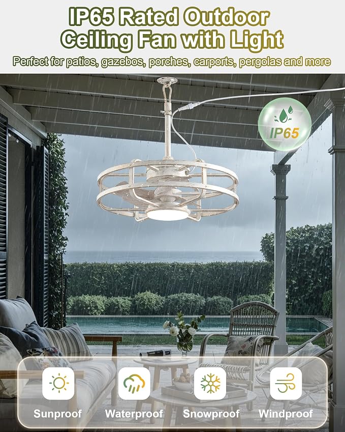 20" Outdoor Ceiling Fan with Light – Waterproof Plug-In Smart Fan for Porch, Pergola & Gazebo, 4CCT Color Adjustable, Alexa & Google Compatible, Caged Design, Antique White Gold Finish