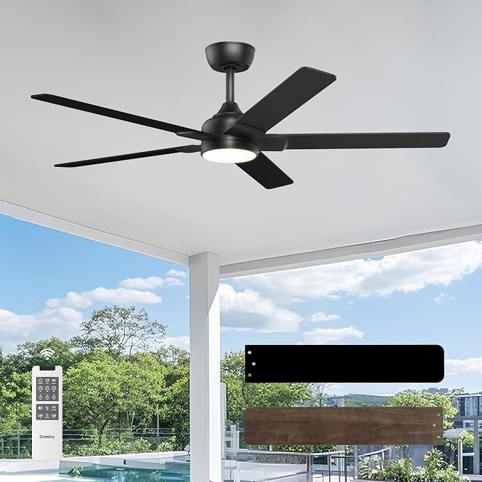 DAMINY 52 inch Black Ceiling Fans with Lights,5 Blades,3CCT, Low Profile,Remote Control,for Bedroom, Kitchen,Living Room,Indoor/Outdoor Use,Downrod