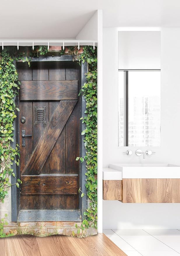 Ambesonne Rustic Stall Shower Curtain, Small Spanish Style Dark Stained Wood Door Secret Garden with Grated Window Picture, Fabric Bathroom Decor Set with Hooks, 36" W x 72" L, Brown Green