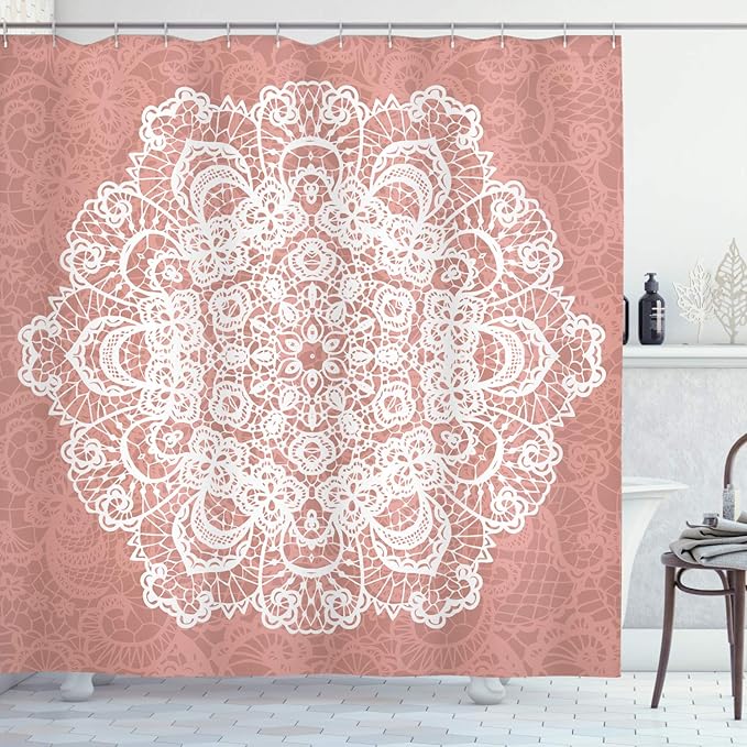Ambesonne Mandala Shower Curtain, Lace Style Vector Mandala Vintage Abstract Floral Ornamental Design Print, Cloth Fabric Bathroom Decor Set with Hooks, 69" W x 75" L, Dried Rose White