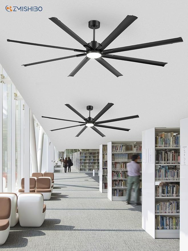 ZMISHIBO 96" Industrial Ceiling Fans with Lights, Large Ceiling Fan with 3CCT, 8 Reverisble Aluminum Blades, Quiet DC Motor, 6-Speed Remote, Indoor/Outdoor Ceiling Fans for Patios/Garage/Porch,Black