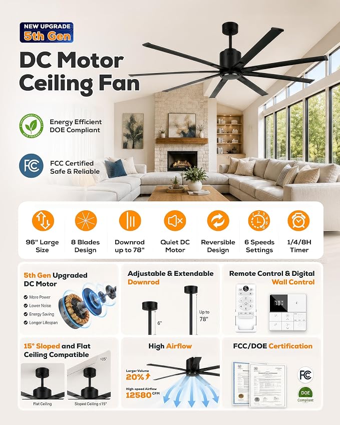 84 Inch Industrial HVLS Ceiling Fan No Light, Large High CFM Commercial Fan with 8 Aluminum Metal Blades, BLDC Motor Big Rooms Outdoor Fan Wihtout Lights for Porch Garage Shop Barn, Matte Black