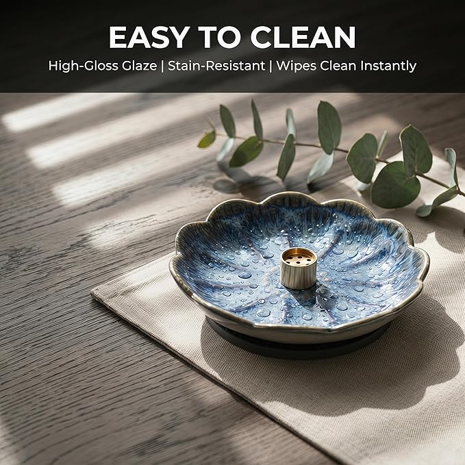 Pinehaven Incense Holder and Burner, Japanese Ceramic Incense Stick Holder with Ash Catcher, 5.5 Inch Blue Tray, Solid Brass 9-Hole Insert for Palo Santo, Sage, Zen Meditation Home Decor