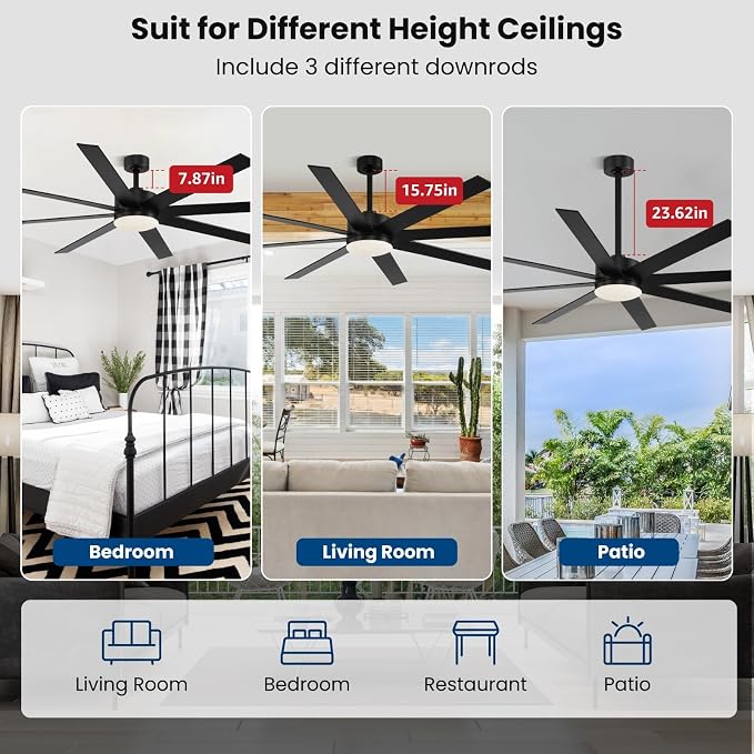 Conciseer Modern 72 Inch Ceiling Fans with Lights and Remote, Dual Color 8 Blades,Living Room Office Library Cafe Outdoor Industrial, 24W 3CCT 6 Speed Reversible Quiet DC Motor, Black/Wood Grain