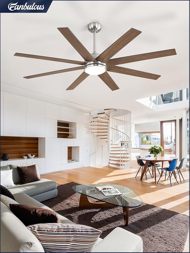 Fanbulous 65 Inch Ceiling Fans with Lights and Remote, Brush Nickel Indoor/Outdoor Ceiling Fan with Quiet Reversible DC Motor, 6 Speeds, 3CCT, 8 Blades Large Ceiling Fan for Living Room Bedroom Patio