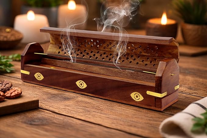 Sheesham Wood Incense Burner Holder – 2 Pack Handcarved Coffin Style Evil Eye Inlay Incense Box - Hidden Storage & Ash Catcher – Aromatherapy Incense Stick & Cone Burner - 12x2x2 – COTTON CRAFT