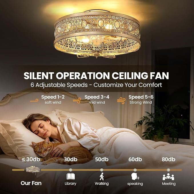 Gold Caged Ceiling Fan with Lights 19 Inch Vintage Crystal Fandelier Enclosed Bladeless Ceiling Fan with Remote Flush Mount Low Profile Ceiling Fan for Bedroom Living Room Kitchen