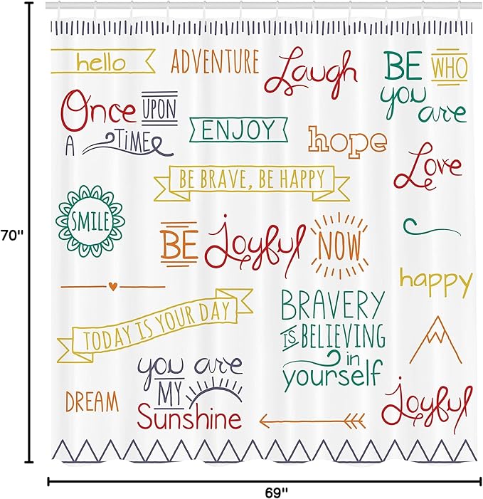 Ambesonne Adventure Shower Curtain, Various Words on Happiness and Self Value Uplifting Phrases Being Who You are, Cloth Fabric Bathroom Decor Set with Hooks, 69" W x 70" L, Jade Green