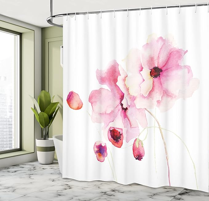 Ambesonne Watercolor Flower Shower Curtain, Poppies in Soft Colors Dreamy Fresh Spring Season Inspired Image, Cloth Fabric Bathroom Decor Set with Hooks, 69" W x 84" L, Pink White