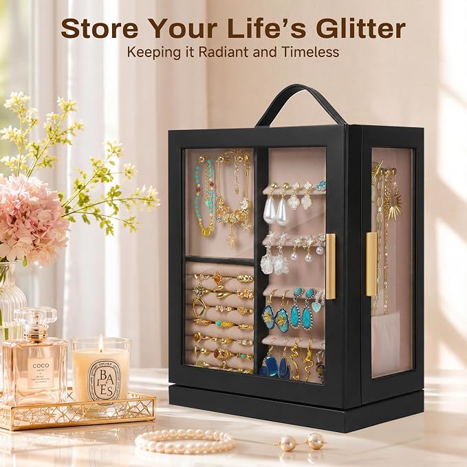 360° Rotating 5‑Drawers Jewelry Box with Top Handle & Glass Window, Spacious Vertical Jewelry Organizer, Jewelry Storage Case, Dustproof & Moisture‑resistant Design, Black
