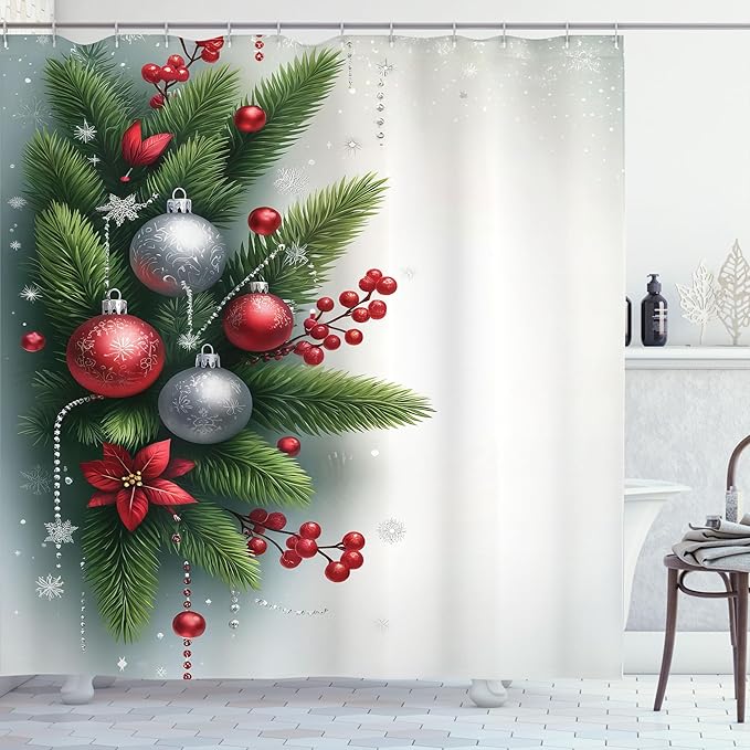 Ambesonne Christmas Shower Curtain, Pine Tree Leaves and Xmas Balls Berries Print on Snowy Winter Back, Cloth Fabric Bathroom Decor Set with Hooks, 69" W x 75" L, Off White Fern Green Ruby