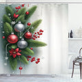 Ambesonne Christmas Shower Curtain, Pine Tree Leaves and Xmas Balls Berries Print on Snowy Winter Back, Cloth Fabric Bathroom Decor Set with Hooks, 69" W x 75" L, Off White Fern Green Ruby
