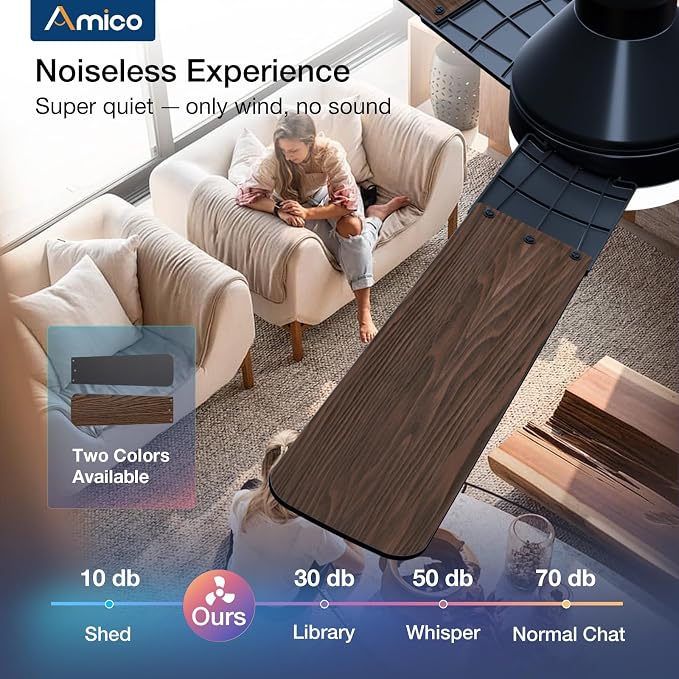 Amico Ceiling Fans with Lights, 52 inch Low Profile Ceiling fan with Light and Remote Control, Flush Mount, Reversible, 3CCT, Dimmable, Noiseless, Black Ceiling Fan for Bedroom, Indoor/Outdoor Use