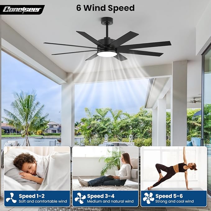 60 Inch Ceiling Fans with Lights and Remote, Dual Color 6 Blades, Bedroom Living Room Office Library Cafe Outdoor Industrial, 3CCT Dimmable, 6 Speed Reversible Quiet DC Motor, Black/Wood Grain