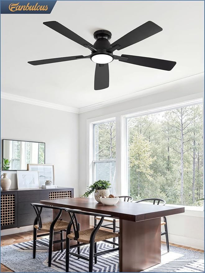Fanbulous 52 Inch Flush Mount Ceiling Fan with Light, Remote & App, Black | 3CCT 20W LED, 6-Speed Quiet Reversible Motor, Modern Low Profile Flush Mount, Ideal for Bedroom/Living Room/Kitchen.