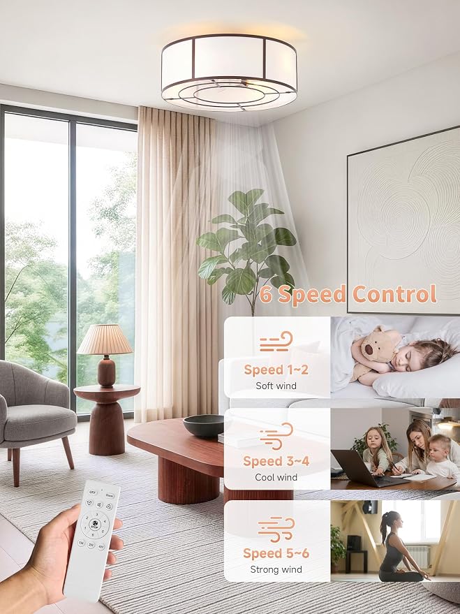 Low Profile Ceiling Fans with Lights, 20" Flush Mount Ceiling Fan with Light, Brown and White Boho Bladeless with 6 Speeds Remote Control for Bedroom, Nursery, Living Room