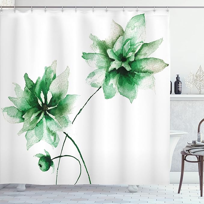 Ambesonne Watercolor Flower Shower Curtain, Flora Drawing Soft Spring Colors Retro Style Floral Artwork, Cloth Fabric Bathroom Decor Set with Hooks, 69" W x 84" L, Apple Green