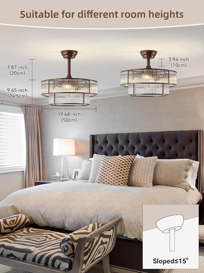 Brown Fandelier Ceiling Fans with Lights, 20" Brown Crystal Chandelier Ceiling Fan with Light Remote Control, Caged Mid Century with 6 Speeds for Bedroom, Living Room, Nursery