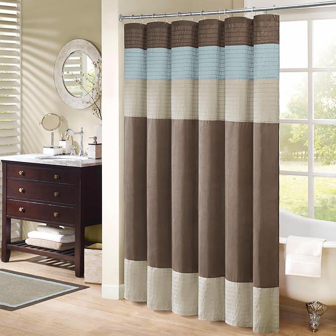 Madison Park Amherst Bathroom Shower Curtain Faux Silk Pieced Striped Modern Microfiber Bath Curtains, 72x84 Inches, Blue