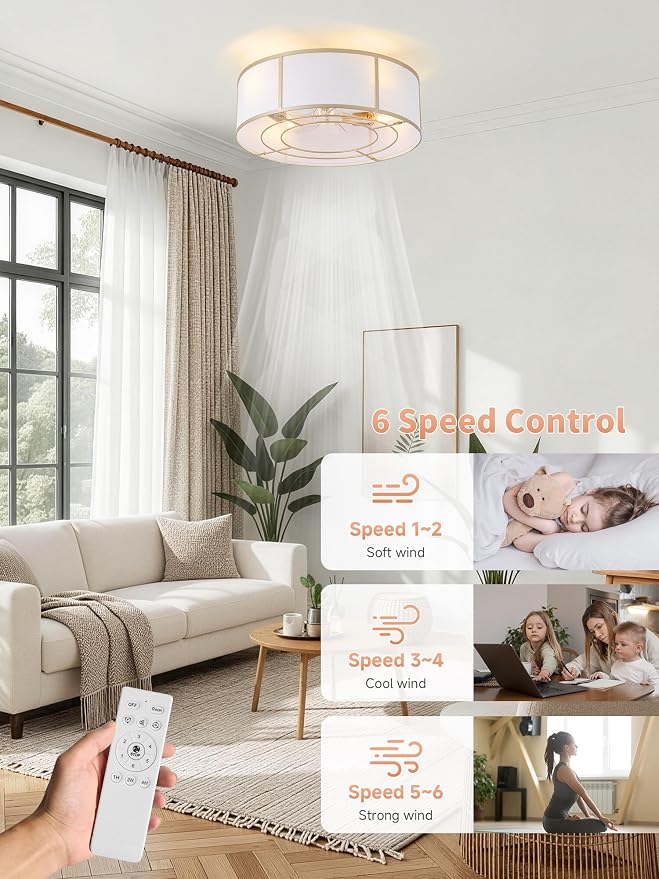 Low Profile Ceiling Fans with Lights, 20" Flush Mount Ceiling Fan with Light, Gold and White Boho Bladeless with 6 Speeds Remote Control for Bedroom, Nursery, Living Room