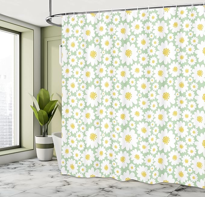 Ambesonne Floral Shower Curtain, Pastel Cartoon Like Flowers Daisies Spring Time Season Artwork Print, Cloth Fabric Bathroom Decor Set with Hooks, 69" W x 75" L, Pale Sage