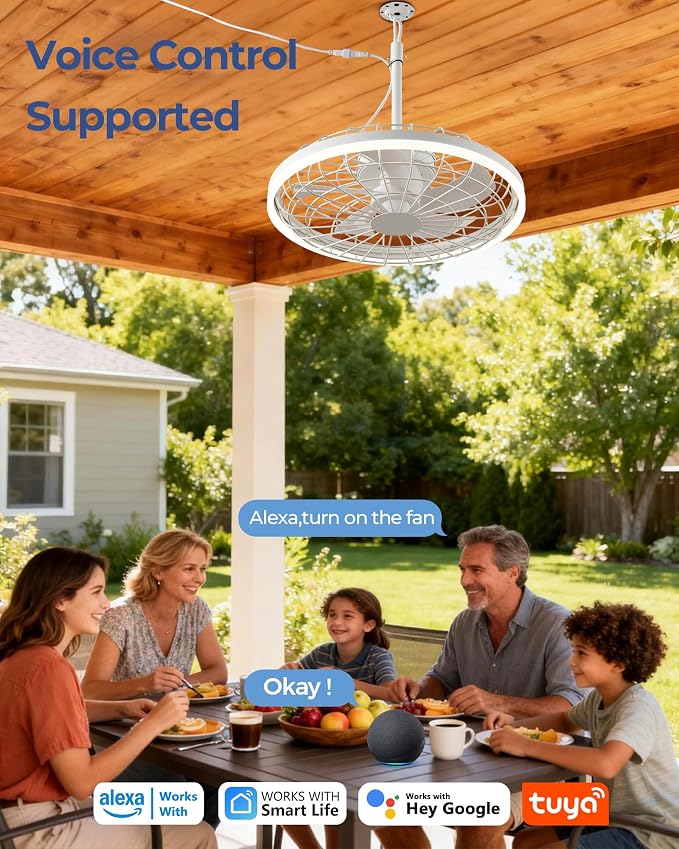 20" Gazebo Fan With Light Waterproof Ceiling Fan,5 Blade,Dimmable Color,3CCT,Alexa/Google,White Plug In Caged Outdoor Fan for Patio Backyard Family Reunions Parties