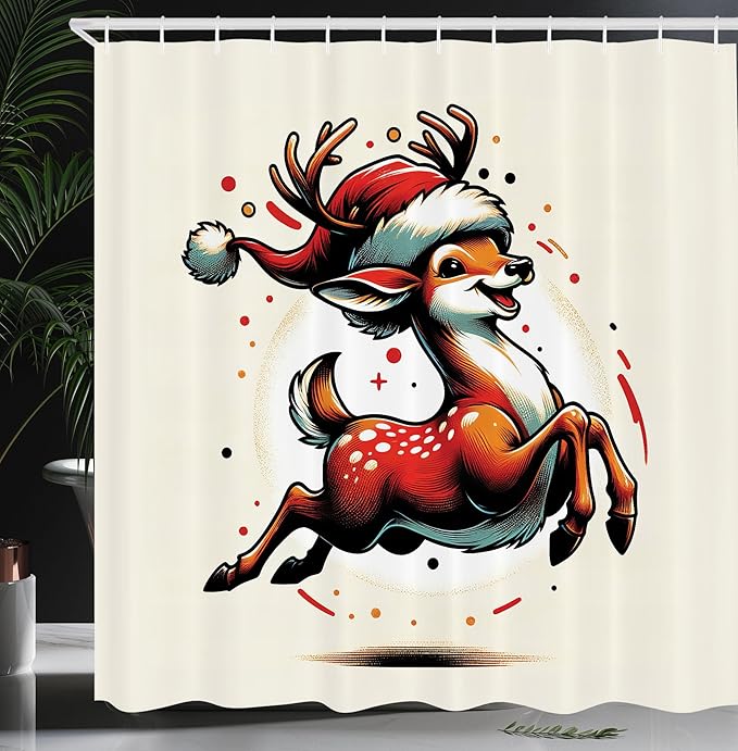 Ambesonne Christmas Shower Curtain, Happy Santa Deer in Retro Style Vintage Xmas Animal Character, Cloth Fabric Bathroom Decor Set with Hooks, 69" W x 84" L, Orange Vermilion and Ivory
