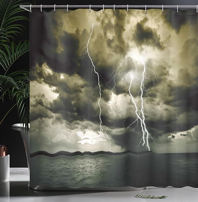 Ambesonne Nature Shower Curtain, Majestic Rain Cloud with a Thunderstorm All Over The Ocean Sea Dramatic Scenery, Cloth Fabric Bathroom Decor Set with Hooks, 69" W x 75" L, Dimgrey Blue