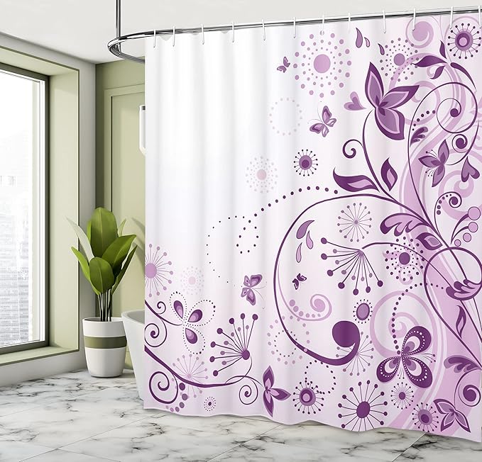 Ambesonne Mauve Shower Curtain, Curved Flower Leaf Ornate Blooming Branches Romantic Love Print, Cloth Fabric Bathroom Decor Set with Hooks, 69" W x 84" L, Violet Lilac