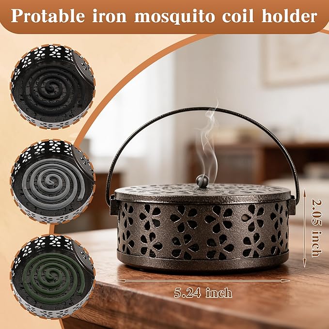 Mosquito Coil Holder,Portable Iron Incense Holder with Handle Round Heat-Resistant,Suitable for Indoor and Outdoor Camping(Bronze)