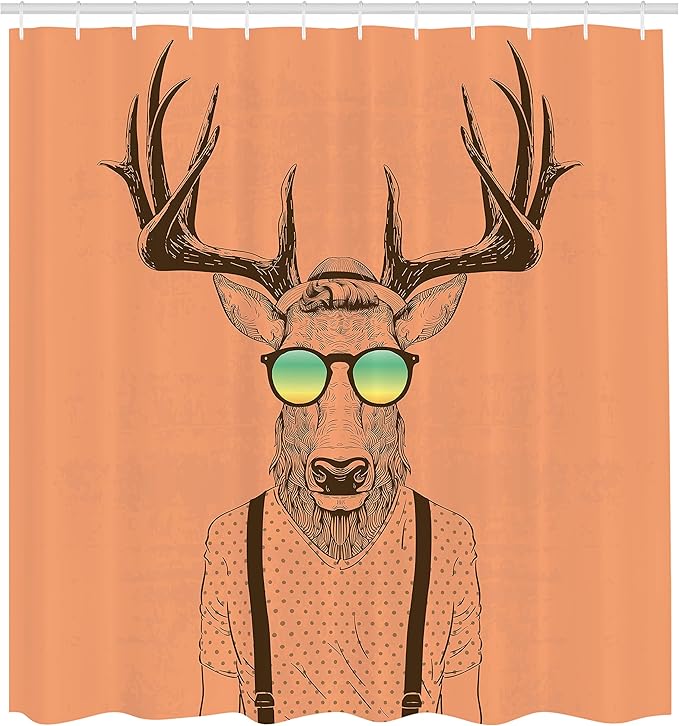 Ambesonne Antlers Shower Curtain, Illustration of Deer Dressed up Like Cool Hipster Fashion Creative Fun Animal, Cloth Fabric Bathroom Decor Set with Hooks, 69" W x 84" L, Dark Peach