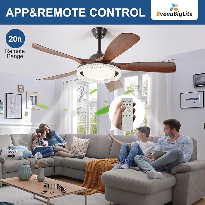 Ceiling Fans with Lights and Remote: 46-Inch Ceiling Fan 5 Blades Round Crystal Low Profile Outdoor - Walnut Ceiling Fans with Remote Control Quiet Reversible DC Motor for Living Room
