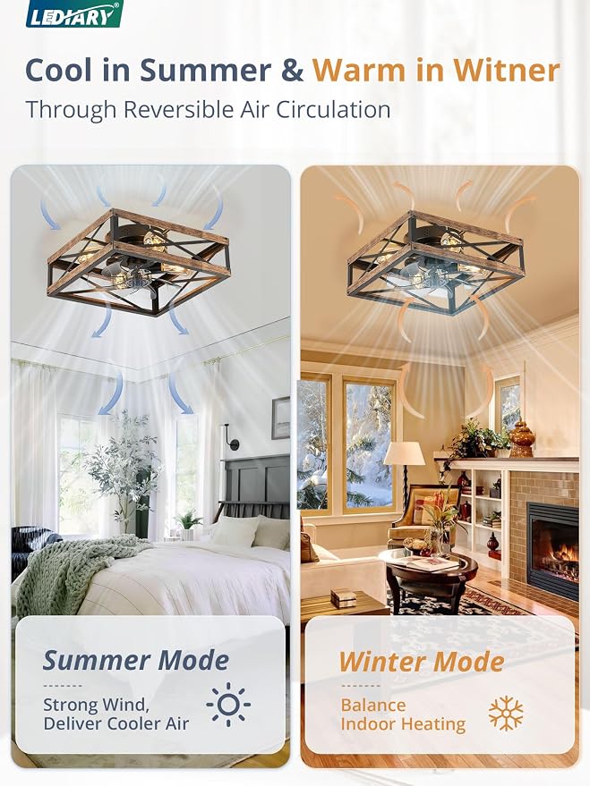 LEDIARY Caged Flush Mount Square Ceiling Fans with Lights and Remote | 6 Speed and Reversible, Small Farmhouse Rustic Bladeless Ceiling Fan Low Profile for Bedroom, Kitchen, Dining Room