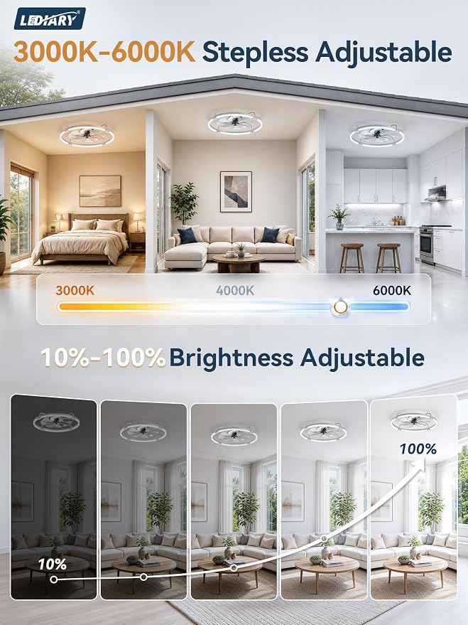 LEDIARY Ceiling Fans with Lights and Remote, Low Profile fan Light, Grey | 24 Inch 3000K-6000K Stepless Dimmable Fandelier, Reversible DC Motor, Remote and APP Control, Bedroom Kitchen Living Room