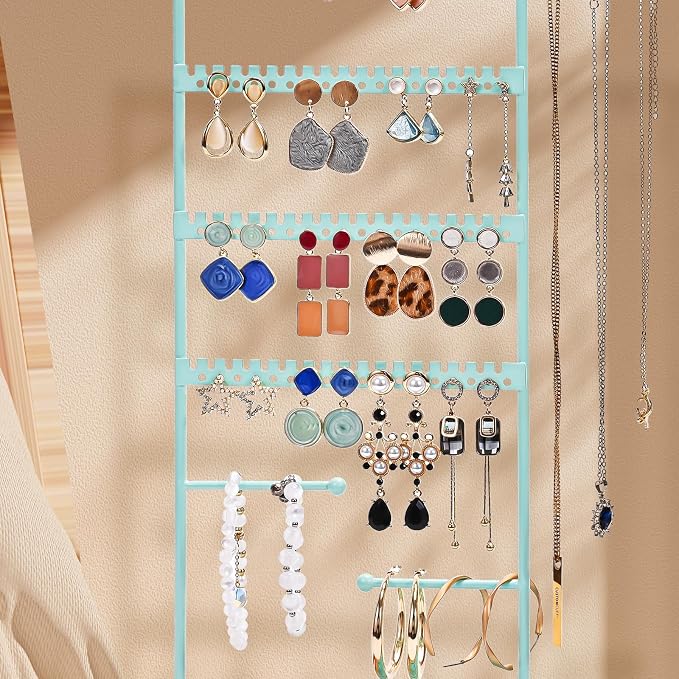 ProCase Jewelry Organizer Stand Earring Holder Organizer, 6 Tiers Earring Organizer Tree Necklace Rack Jewellery Tower Bracelets Holder Storage with Removable Wooden Ring Tray for Women Girls -Blue