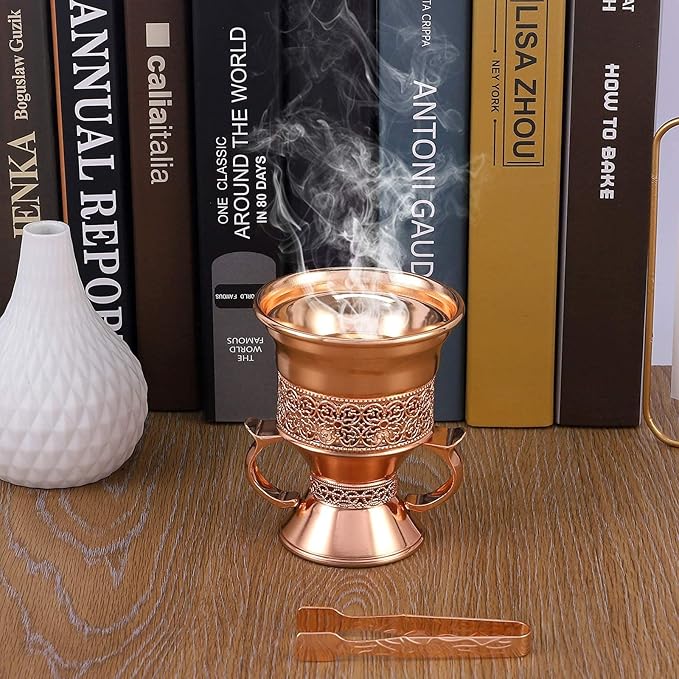 Metal Frankincense Resin Incense Burner, Incense Censer, Portable Bakhoor Burner, Charcoal Bakhoor Burner, Myrrh Burner with Tongs for Yoga, Spa Aromatherapy (Rose Gold)