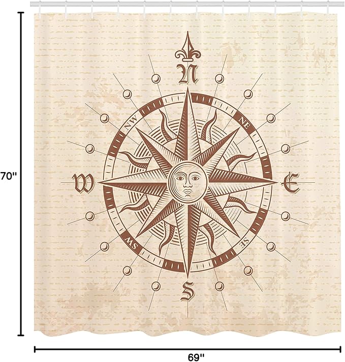 Ambesonne Compass Shower Curtain, Old Compass Rose a Sun Face Lady on It Instrument Distances Between Points Graphic, Cloth Fabric Bathroom Decor Set with Hooks, 69" W x 70" L, Tan Brown