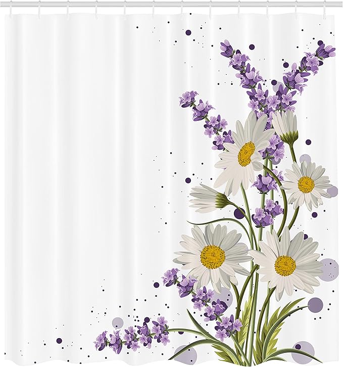 Ambesonne Lavender Shower Curtain, Vivid Bouquet with Daisies Color Slashes Scenic Modern, Cloth Fabric Bathroom Decor Set with Hooks, 69" W x 84" L, Green Marigold