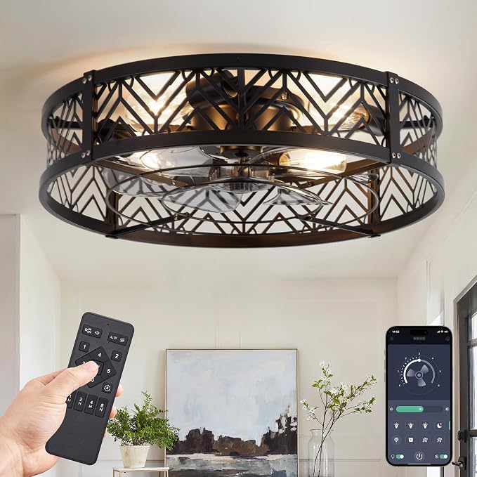 LEDIARY 23" Caged Ceiling Fan with Light, Large Flush Mount, App&Remote Control, Low Profile Bladeless Fan Light Fixture 6 Speed, Reversible and Quiet Motor-Black