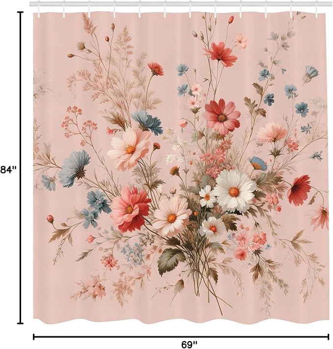 Ambesonne Floral Shower Curtain, Countryside Farmhouse Vibe Romantic Wild Flowers Arrange Plain Back, Cloth Fabric Bathroom Decor Set with Hooks, 69" W x 84" L, Blush Blue Grey Pale Rose