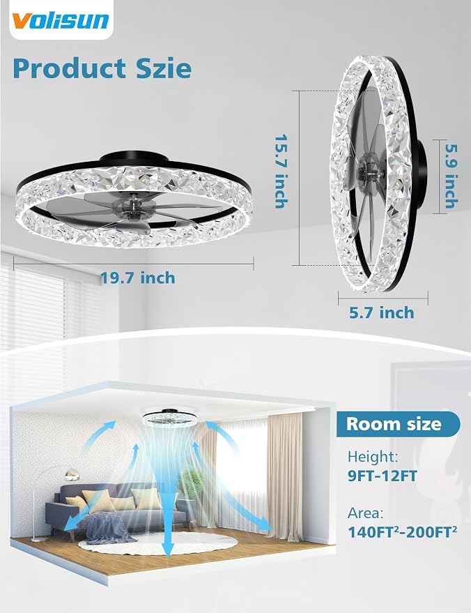 VOLISUN Low Profile Ceiling Fan with Lights and Remote, No Assembly, 20in Modern Ceiling Fans Flush Mount, 3000K-6500K Dimmable Bladeless LED Fan Light, Black Fandelier Ceiling Fans for Bedroom