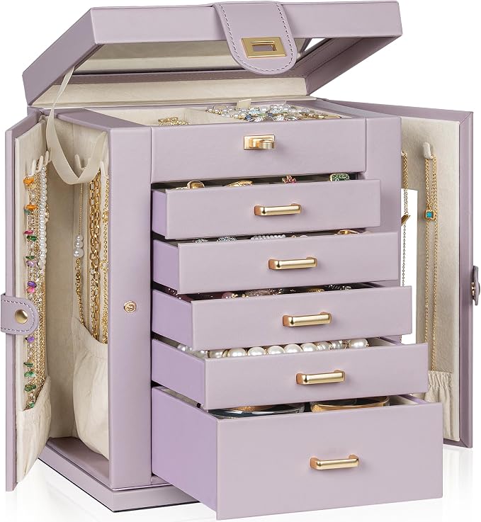 AKOZLIN 6-Tier Jewelry Box Organizer Functional 5 Drawers Leather Jewelry Storage Case for Women Girls Ring Necklace Earring Bracelet Holder Organizer with Mirror Purple 360° Rotating