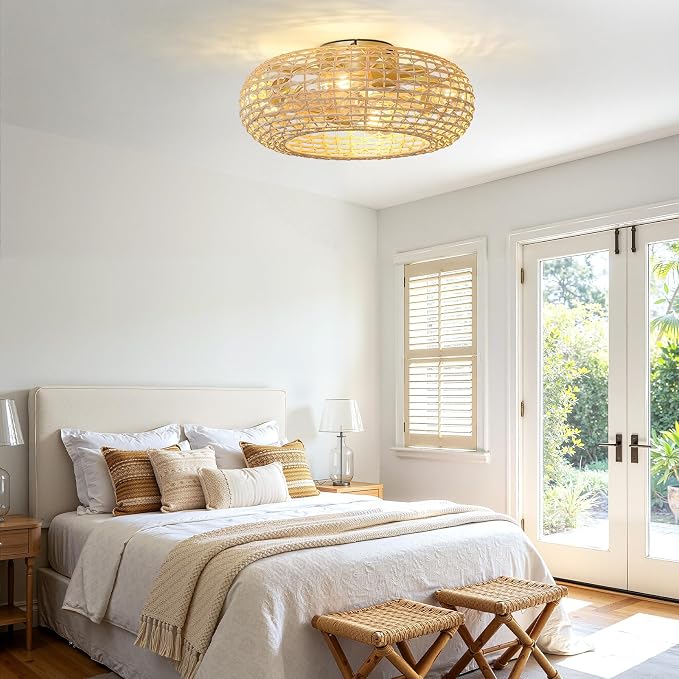 Boho Caged Ceiling Fan Light: 20" Rattan Ceiling Fan Lights Flush Mount Bladeless Fandelier with Remote/Timer/Reversible 6 Speeds/DC Motor Low Profile Small Ventilador de Techo for Bedroom Living Room