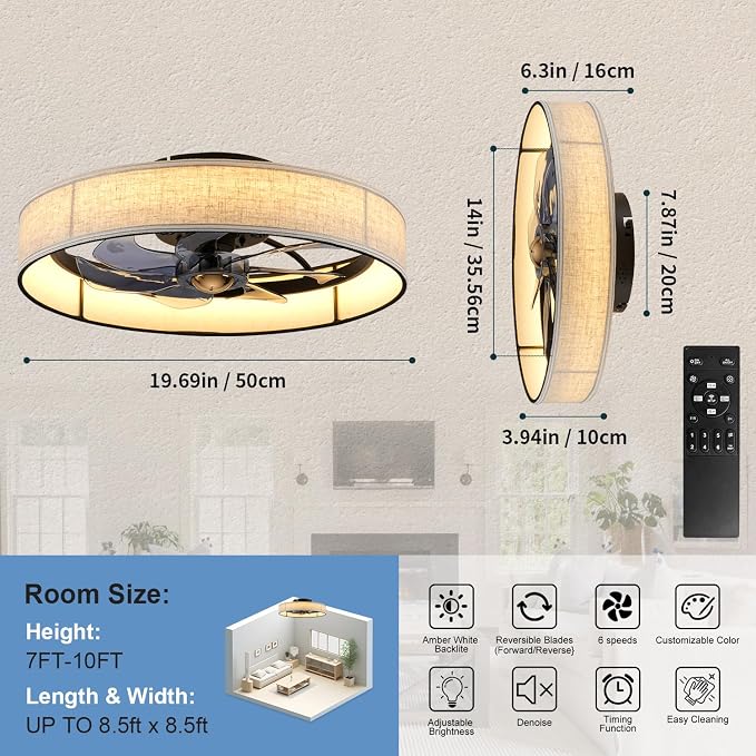 XUDOM19.6 Farmhouse Low Profile Flush Mount Ceiling Fan with Light and Remote,Fabric Bladeless Caged Fandelier with APP Control 6 Speed DC Motor,Timer,LED Dimmable for Bedroom,Living Room