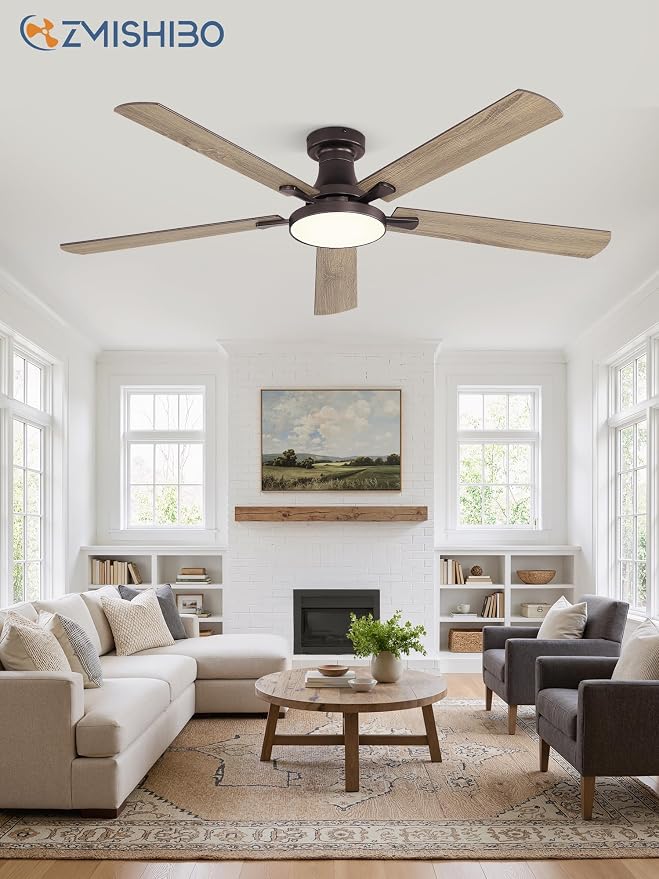 ZMISHIBO 60 Inch Flush Mount Ceiling Fan with Light, Remote&APP, Oil Bronze | 6-Speed Quiet DC Motor, Dimmable 24W LED with 3CCT (3000K-6500K), Modern Low Profile for Living Room, Bedroom, Kitchen