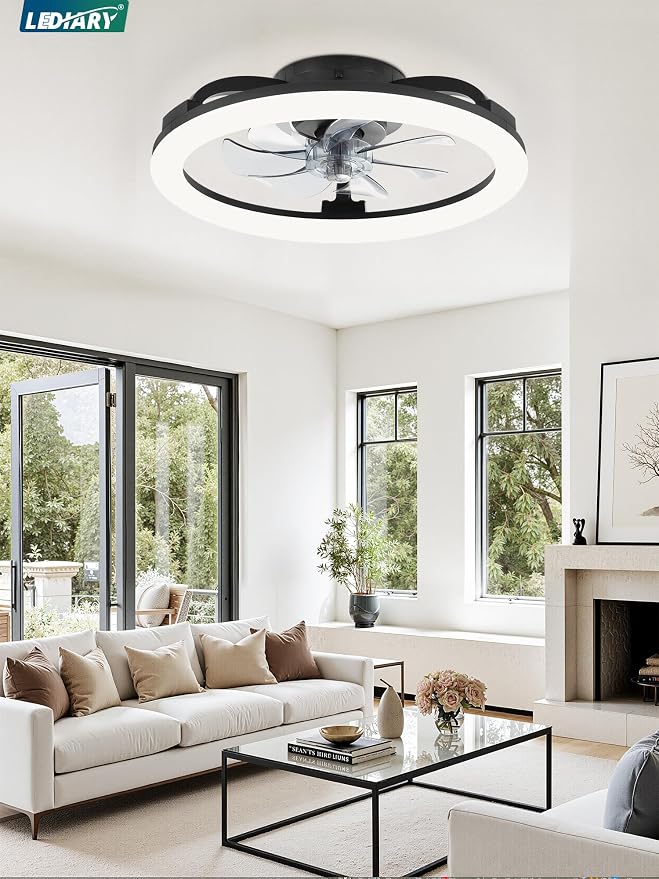 LEDIARY 20 Inch Low Profile Ceiling Fans with Lights and Remote, Dimmable Modern Fan Light(3000K-6000K), 6 Speed, Reversible, APP & Remote Control, Flush Mount Ceiling Fan for Bedroom, Black