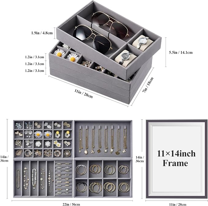 Velvet Jewelry Drawer Organizer Trays – Large Grey Stackable Jewelry Storage Inserts Set, 4-Layer Jewelry Tray Set for Earrings, Rings, Necklaces, Bracelets with Removable Dividers for Dresser, Vanity