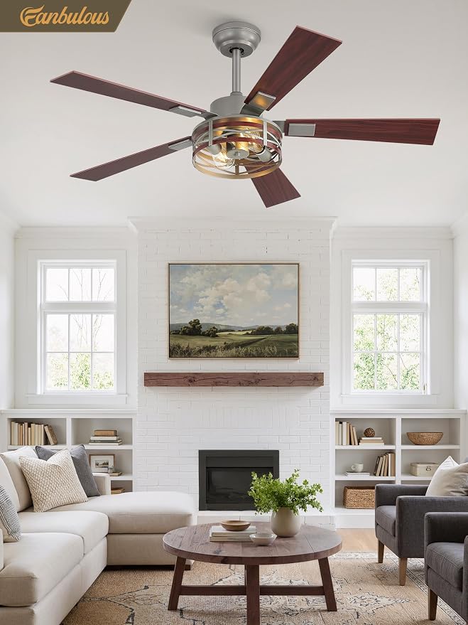 Fanbulous Farmhouse Ceiling Fans with Light, 48 Inch Bedroom Ceiling Fan with Lights, 6-Speed Adjustable, Quiet and Reversible DC Motor, 5 Dual Finish Blades, Rustic Caged Ceiling Fan，Brushed Nickel