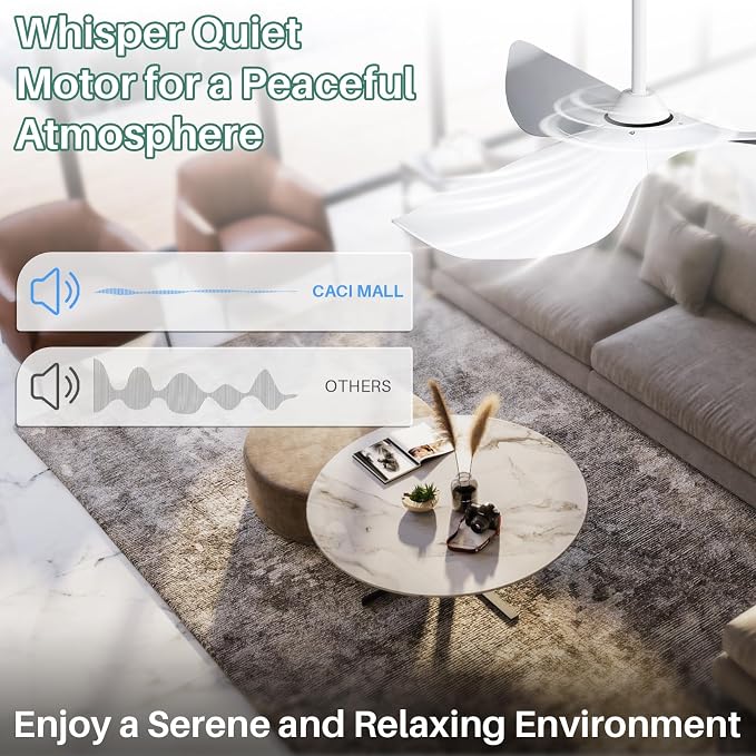 CACI Mall 52" White Ceiling Fan No Light, Modern, Remote Control, Low Profile, 3 Blades Ceiling Fan with Noiseless Reversible Dc Motor for Living room, Bedroom